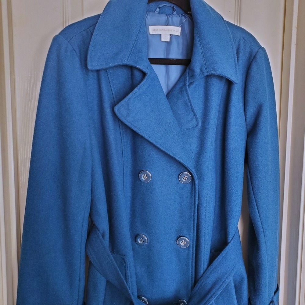 Teal Wool Blend Trench Coat Blue‎ Double Breasted Belted Travel Casual XL